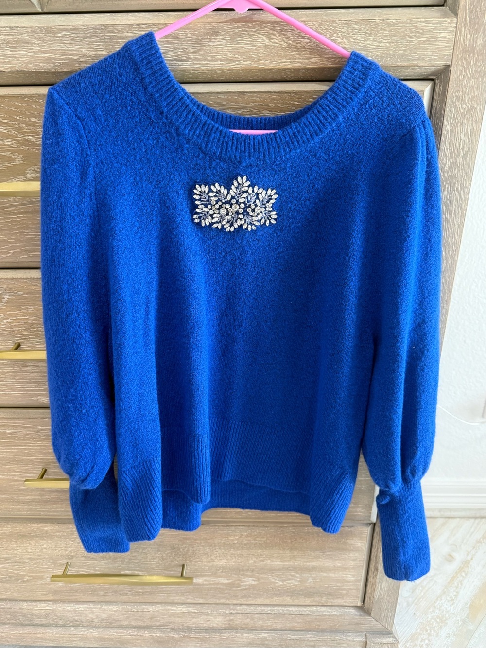 CeCe Royal Blue Crewneck Sweater with Jewel Brooch